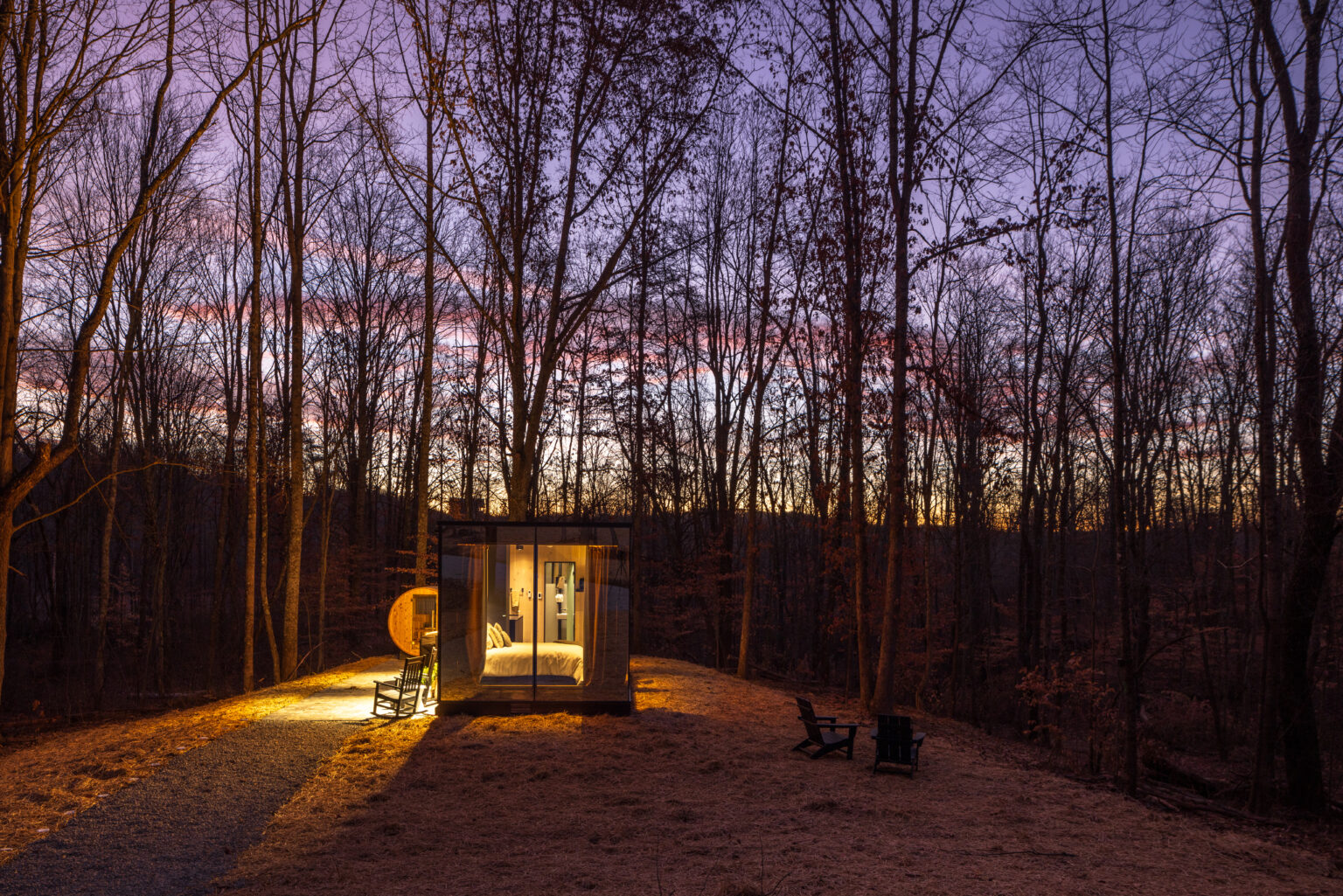 Flora mirror cabin at dawn in Hocking Hills