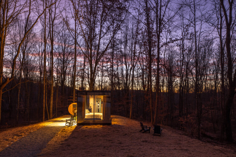 Flora mirror cabin at dawn in Hocking Hills
