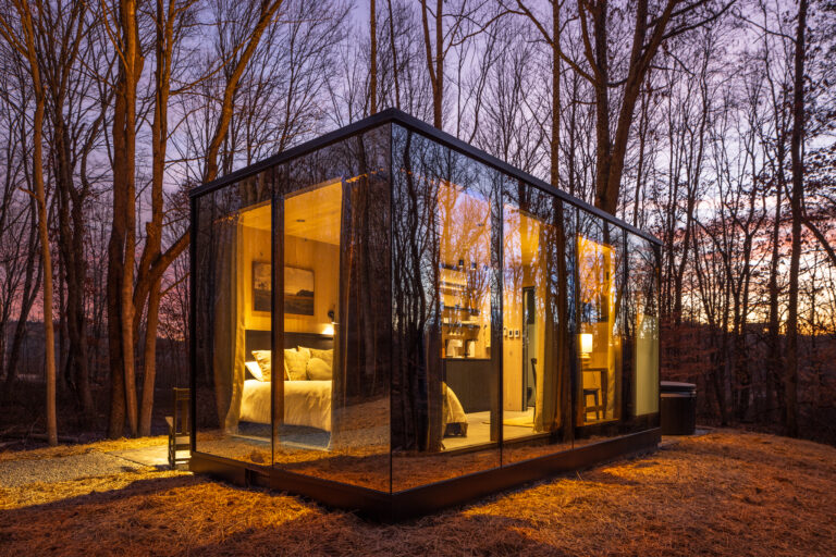 Privacy blackout curtains in the mirror cabin