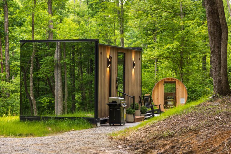 Fauna mirror cabin with grill, sauna, outdoor seating, and hot tub